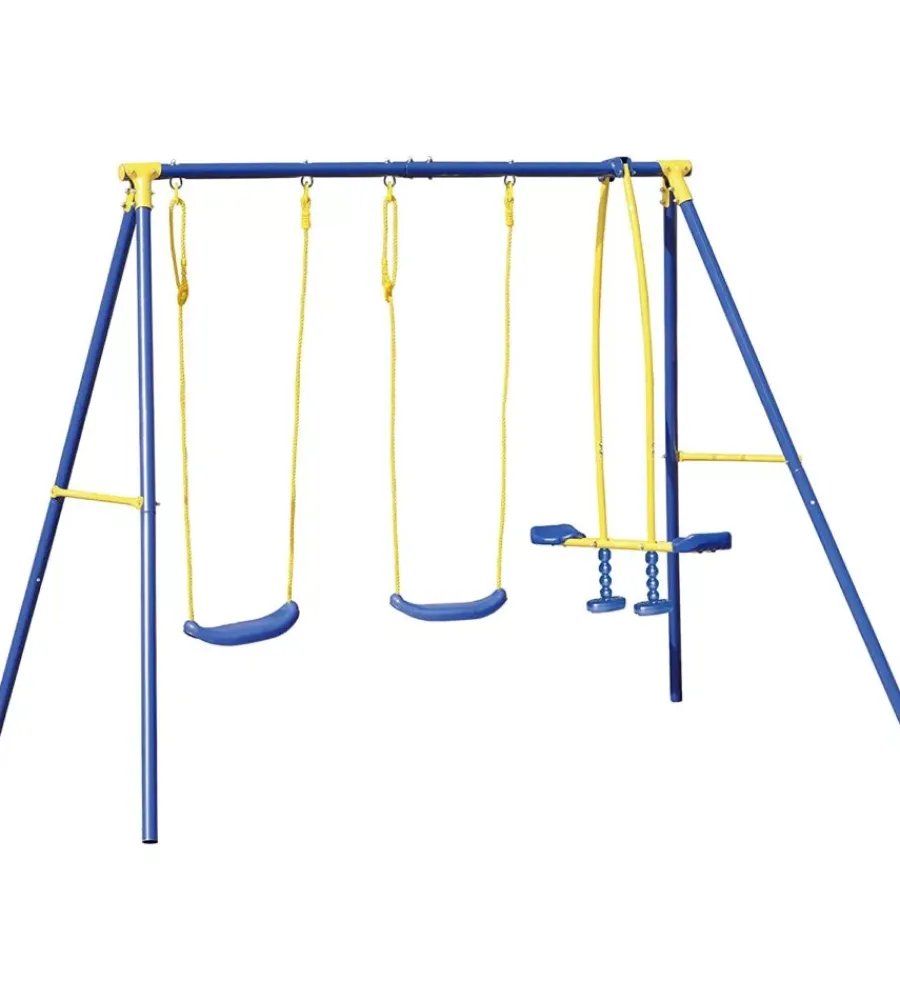 Giochi E Casette Bimbo- Altalena per bambini doppia con cavalluccio essenza "4 misura" in acciaio e plastica colore blu 261x142x182 cm