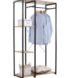 Appendiabiti in metallo nero con ripiani legno, 90x40,4x167 cm Mobili Da Ingresso