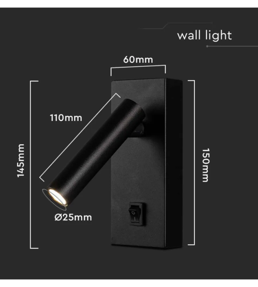 Illuminazione Per Interno- Applique da hotel nera per lettura 2w, 4000k