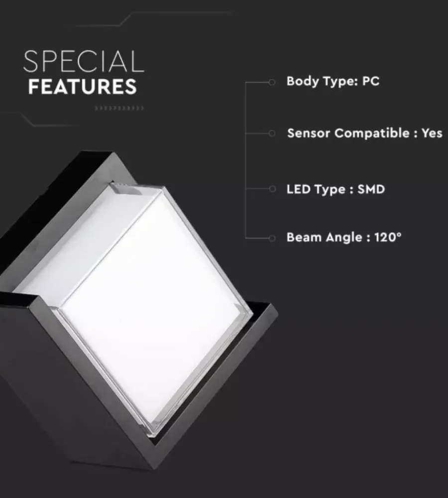 Illuminazione Per Esterno|Applique led da esterno quadrata semicoperta vtac nero 4000k 12w