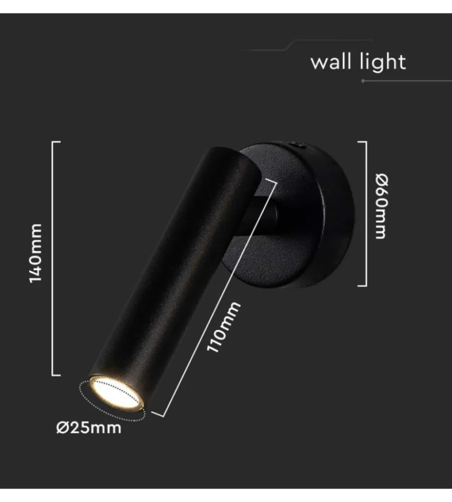 Illuminazione Per Interno- Applique slim da hotel nera per lettura 2w, 4000k