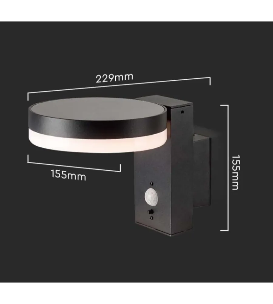 Illuminazione Per Esterno- Applique solare rotonda con sensore 3000k ip44, 22,9x15,5x15,5 cm