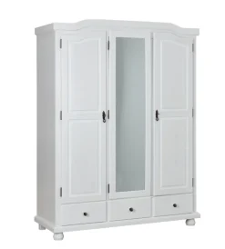 Armadio 3 ante + 3 cassetti in pino massello bianco, 150x56x200 cm Armadi