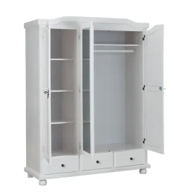 Armadio 3 ante + 3 cassetti in pino massello bianco, 150x56x200 cm Armadi