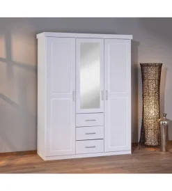 Armadi|Armadio 3 ante, 3 cassetti e specchio bianco, 140x190x55 cm