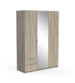 Armadi- Armadio 3 ante con specchio 2 cassetti quercia, 133,5x51,4x191,5 cm