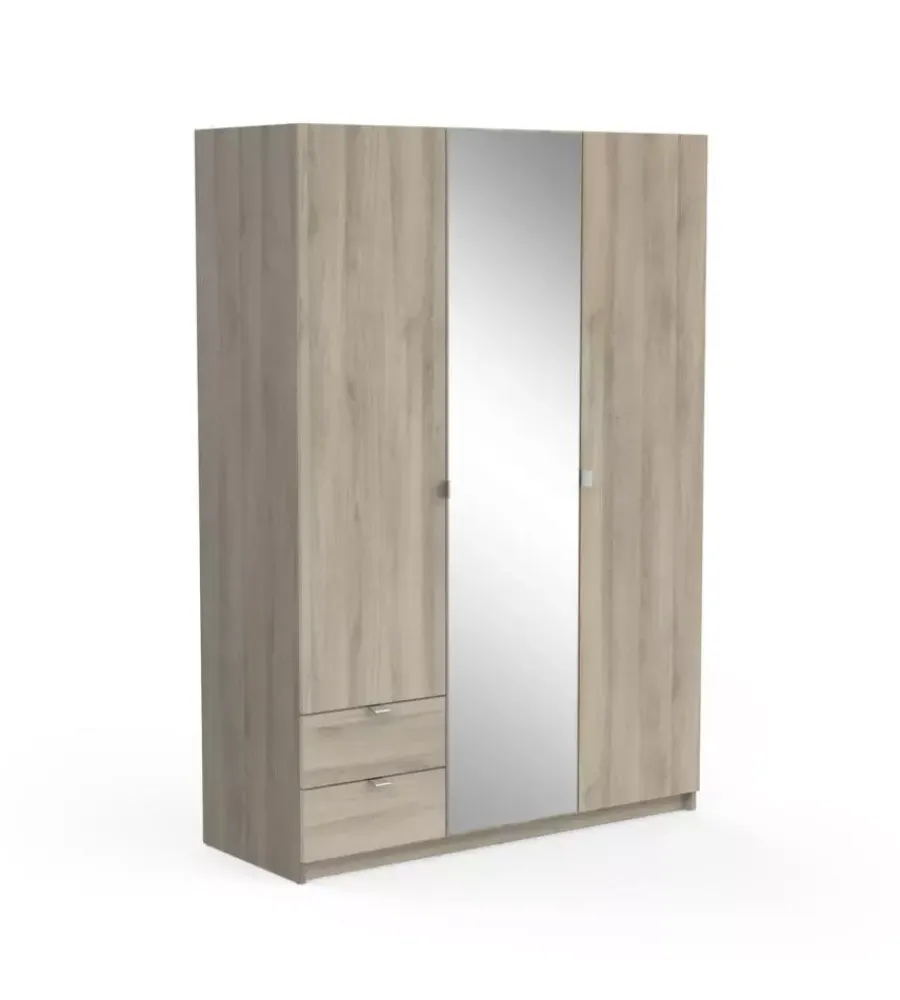 Armadi- Armadio 3 ante con specchio 2 cassetti quercia, 133,5x51,4x191,5 cm