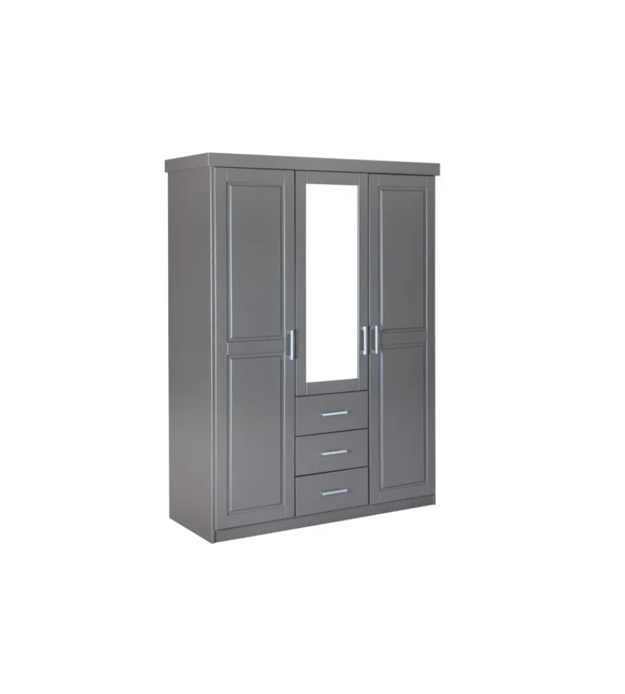 Armadi- Armadio 3 ante e 3 cassetti in legno di pino massello grigio, 140x55x190 cm