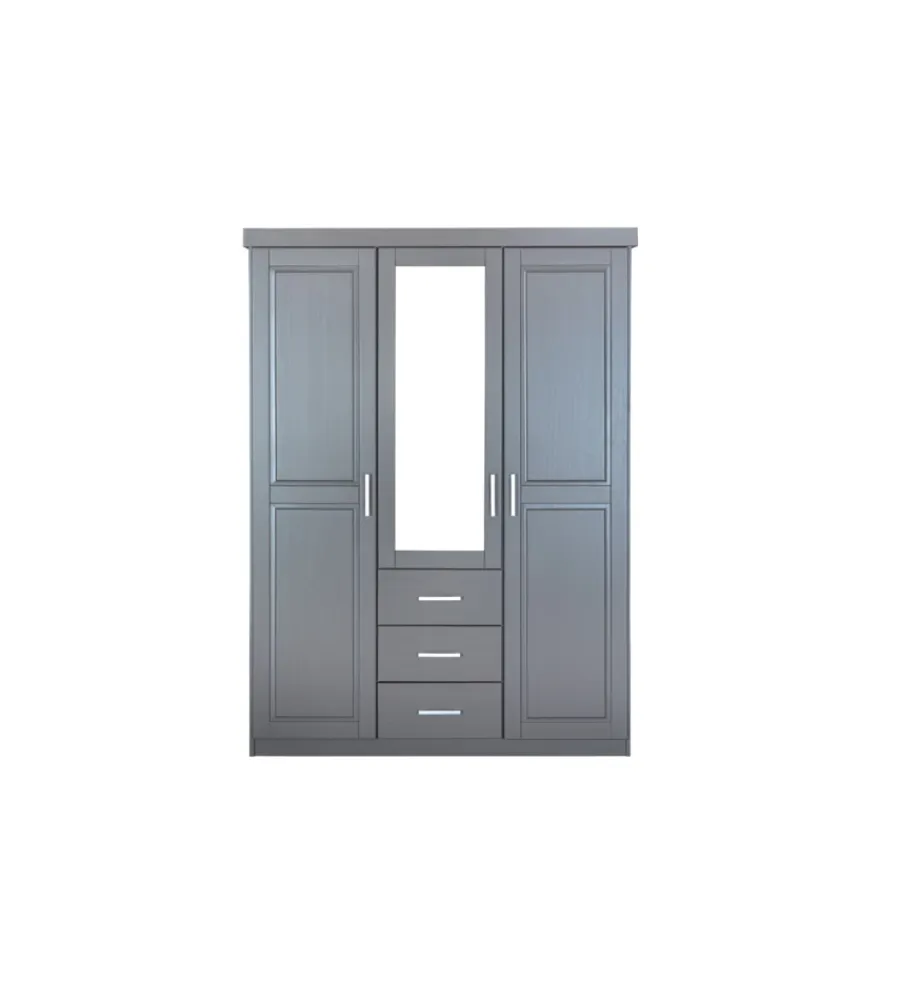 Armadi- Armadio 3 ante e 3 cassetti in legno di pino massello grigio, 140x55x190 cm