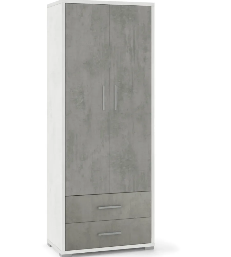 Mobili Multiuso-Sarmog Armadio 2 ante e 2 cassetti ossido bianco e cemento, 71x41x182 cm