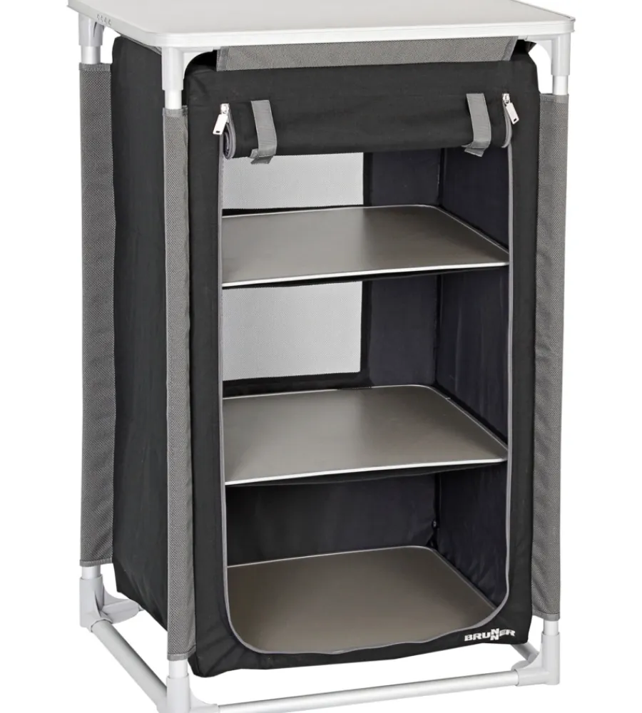 Brunner Campeggio|Armadio da campeggio pieghevole "azabache ls" in alluminio e poliestere nero 3 ripiani 59x48x104 cm
