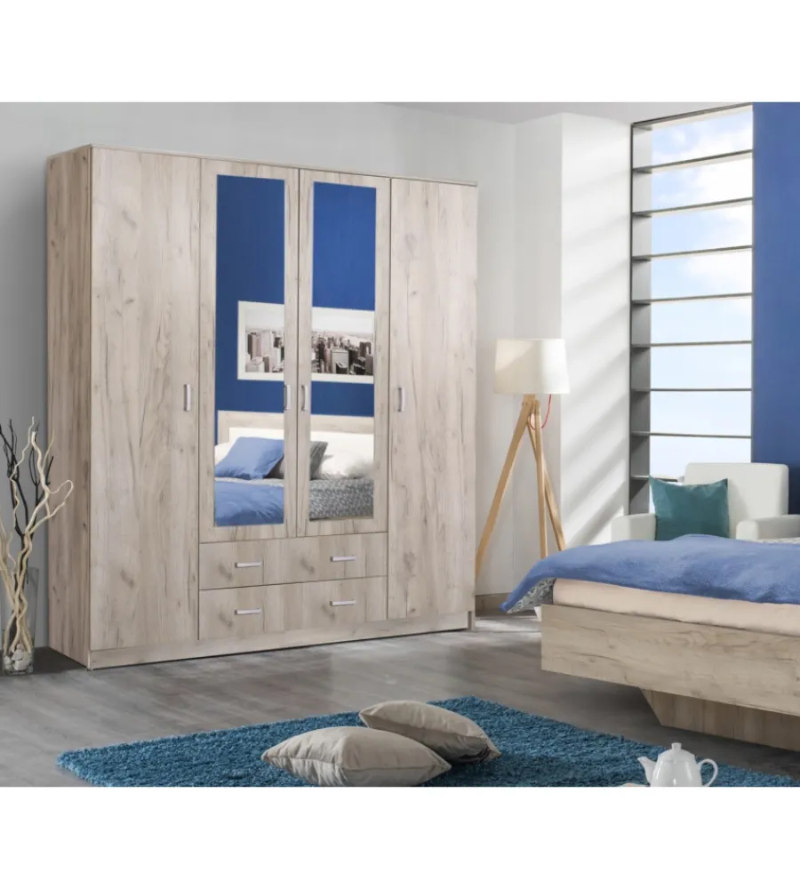 BellaHome Armadi|Armadio "praga" 4 ante quercia e specchio, 160x52x205 cm