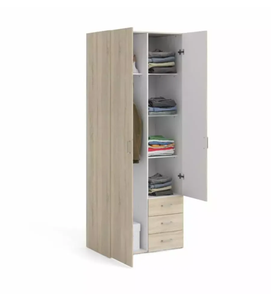 Armadi|Armadio "space" con 2 ante 3 cassetti quercia, 77,60x49,20x200 cm
