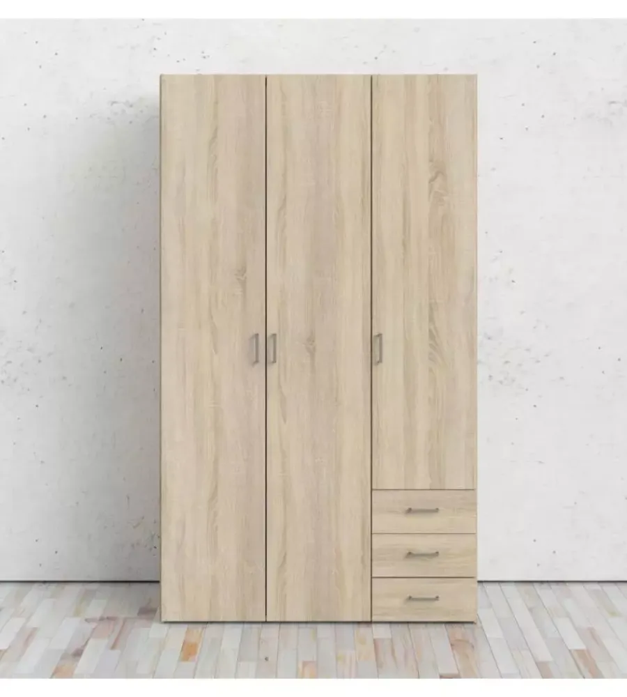 Armadi|Armadio "space" con 3 ante e 3 cassetti effetto quercia, 115,8x49,50x200,40h cm