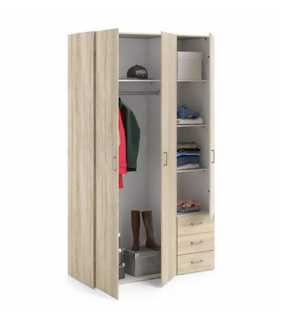 Armadi|Armadio "space" con 3 ante e 3 cassetti effetto quercia, 115,8x49,50x200,40h cm