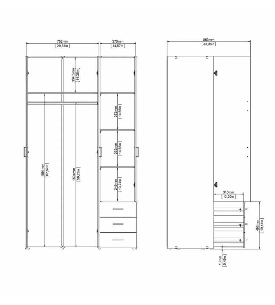 Armadi|Armadio "space" con 3 ante e 3 cassetti bianco, 115,8x49,5x200,4 cm