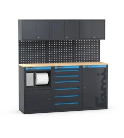 Officina E Garage- Arredamento modulare garage fami "linea 391" con modulo di servizio, cassettiera e armadio 1 anta in lamiera antracite 182,4x49,5x190 cm