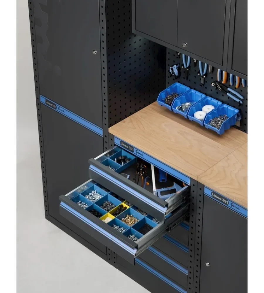 Officina E Garage- Arredamento modulare garage fami "linea 391" con modulo di servizio, cassettiera e armadio 1 anta in lamiera antracite 182,4x49,5x190 cm