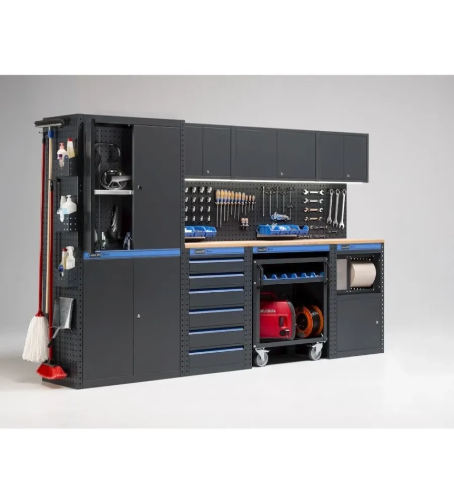 Officina E Garage- Arredamento modulare garage fami "linea 391" con armadi a due ante, cassettiera, carrello e modulo di servizio in lamiera antracite 304x49,5x190 cm