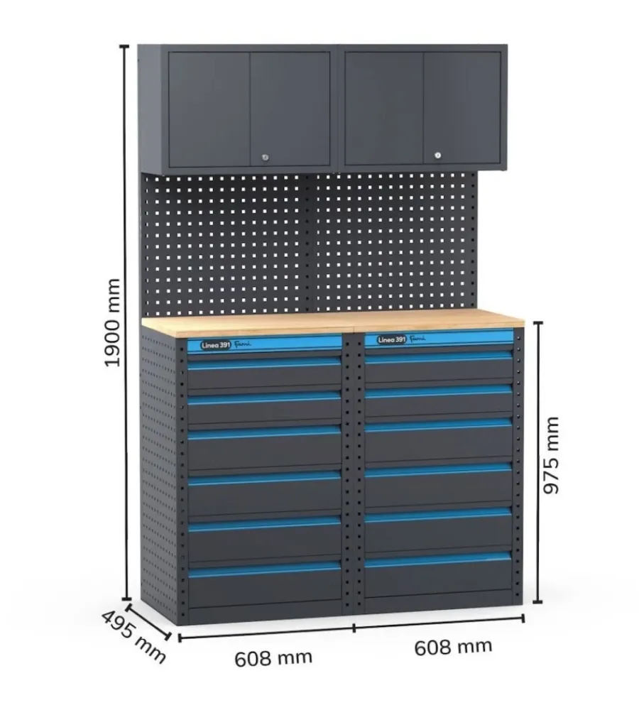 Online Arredamento modulare garage fami "linea 391" con cassettiere in lamiera antracite 121,6x49,5x190 cm Officina E Garage