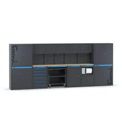 Officina E Garage- Arredamento modulare garage fami "linea 391" con armadi ad anta, cassettiera, carrello e modulo di servizio in lamiera antracite 456x49,5x190 cm