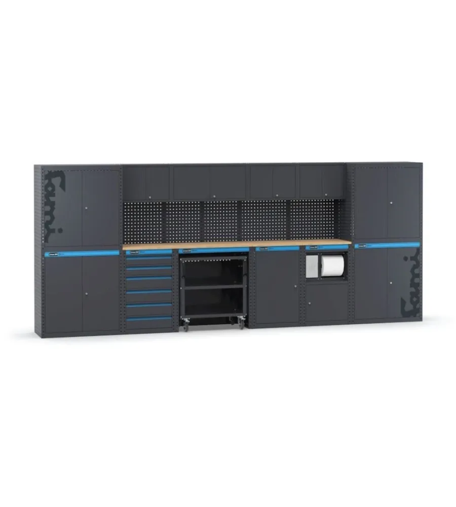 Officina E Garage- Arredamento modulare garage fami "linea 391" con armadi ad anta, cassettiera, carrello e modulo di servizio in lamiera antracite 456x49,5x190 cm