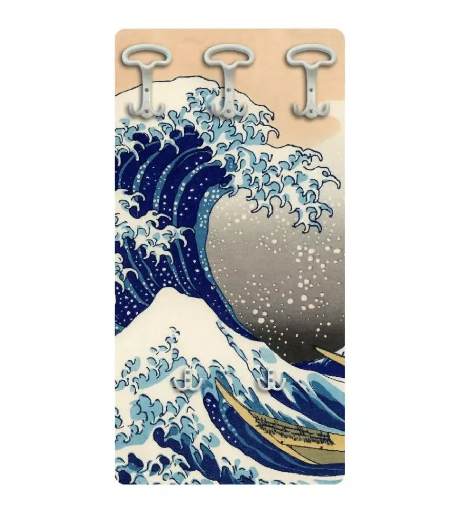Decorazione Ambienti- Attaccapanni "hokusai" in legno con 5 ganci, 45x90x1 cm