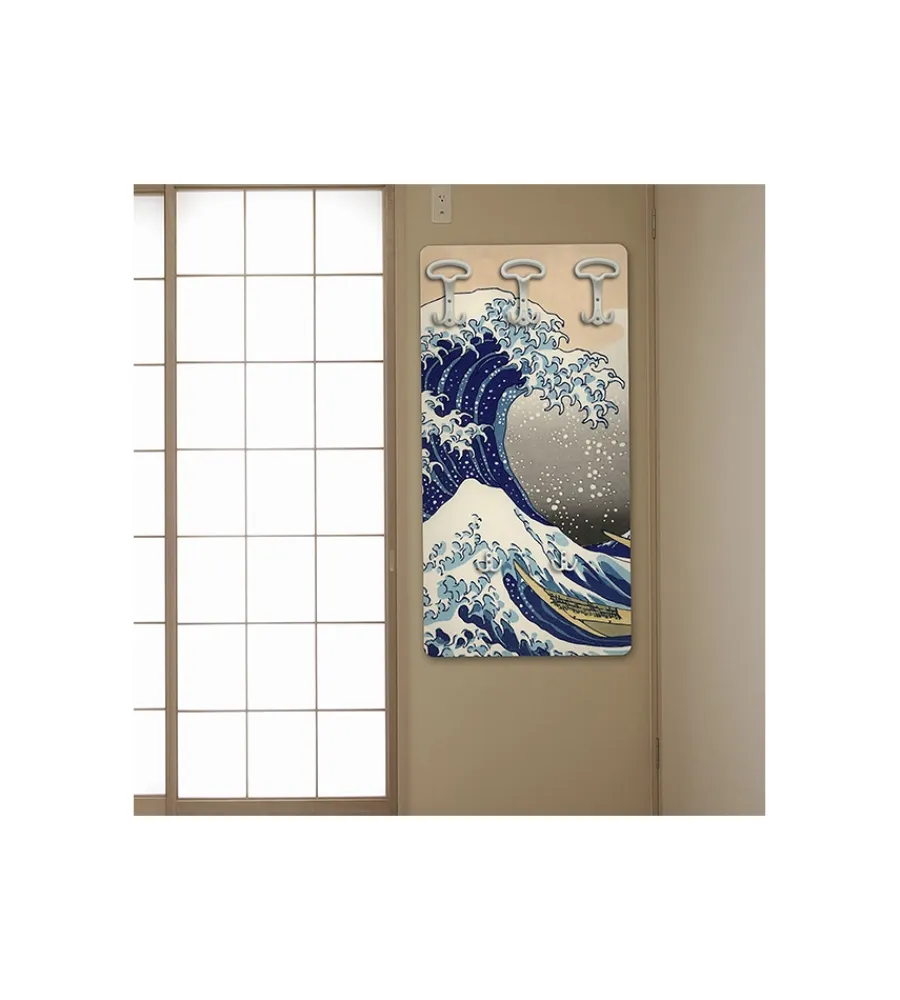 Decorazione Ambienti- Attaccapanni "hokusai" in legno con 5 ganci, 45x90x1 cm