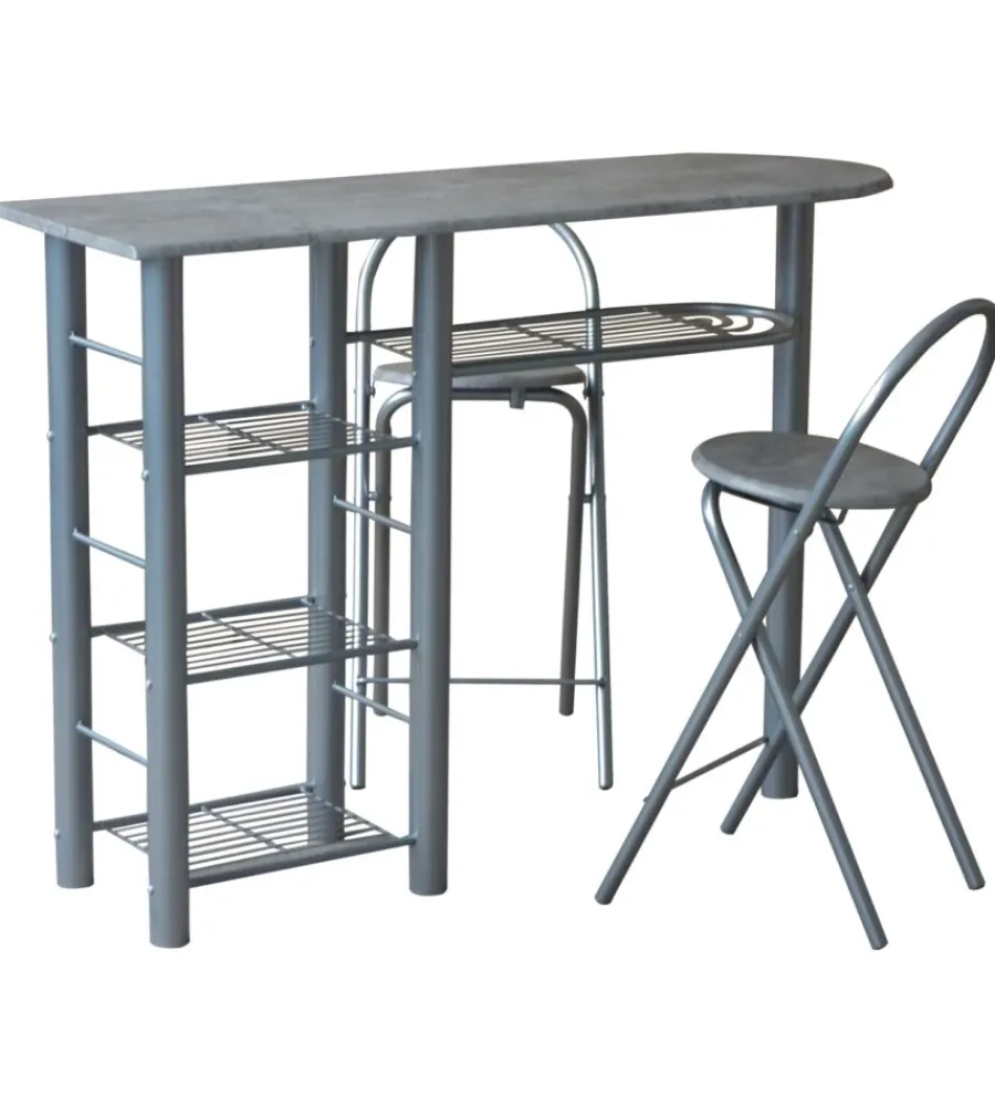 Tavoli- Banco cucina con due sgabelli in metallo grigio e legno, 120x40x88 cm