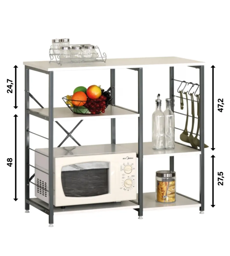 Cucina- Banco da cucina in metallo bianco e grigio con 5 ripiani, 90x40x82 cm