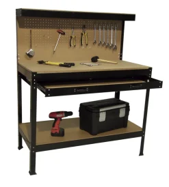 Officina E Garage|Banco da lavoro easy system con pannello preforato in metallo e mdf 119x59x90/150 cm
