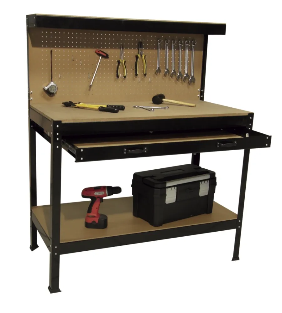 Officina E Garage|Banco da lavoro easy system con pannello preforato in metallo e mdf 119x59x90/150 cm