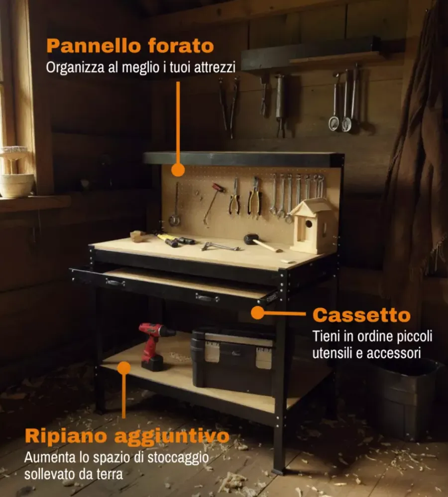 Officina E Garage|Banco da lavoro easy system con pannello preforato in metallo e mdf 119x59x90/150 cm