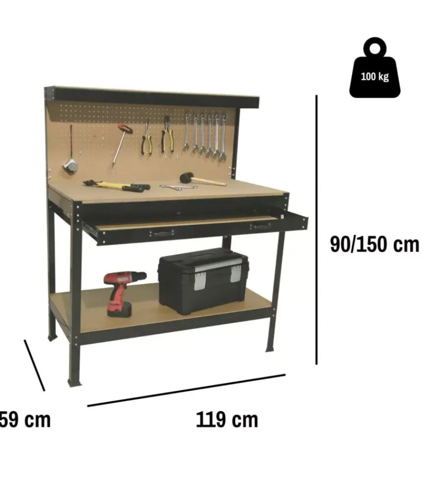 Officina E Garage|Banco da lavoro easy system con pannello preforato in metallo e mdf 119x59x90/150 cm
