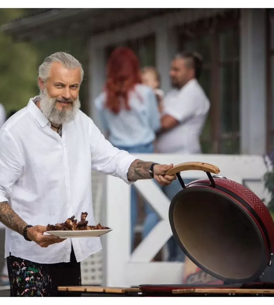 Barbecue-Kamado Bono Barbecue a carbone "media 20" in ceramica rosso con rotelle 78x60x75 cm