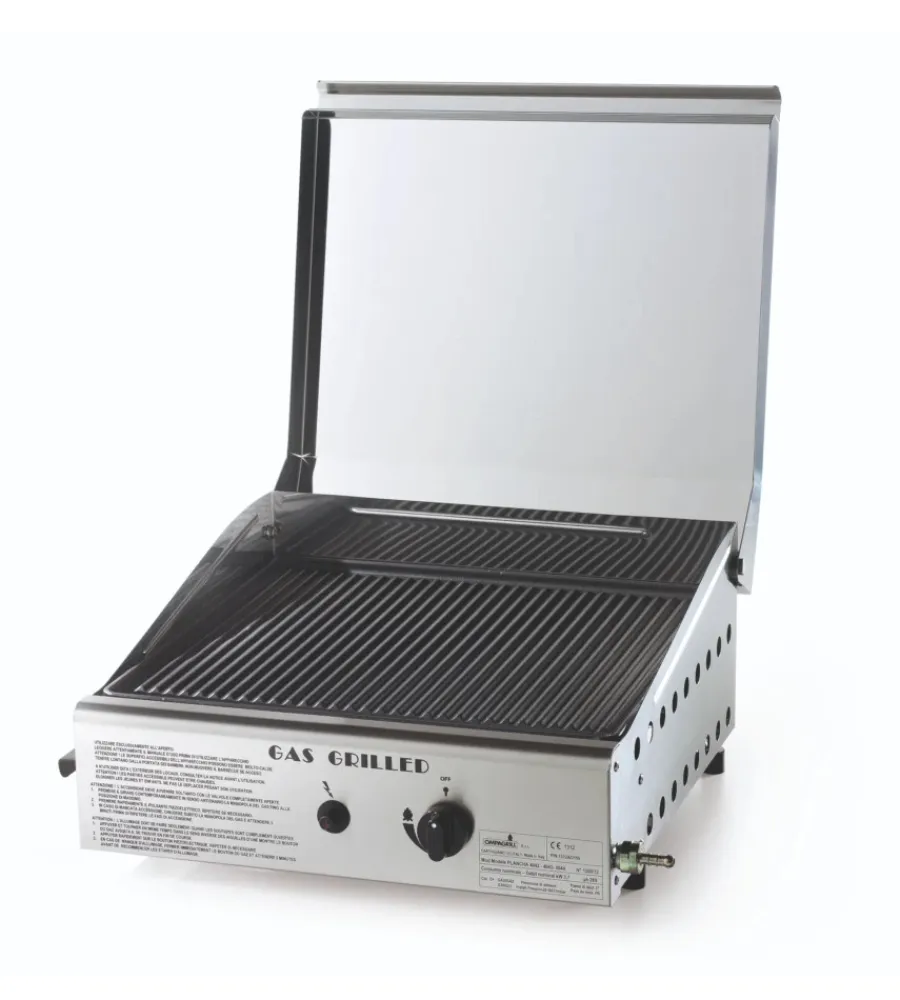 Ompagrill Barbecue|Barbecue a gas con plancha singola rigata e coperchio 1 bruciatore 44x44x24 cm