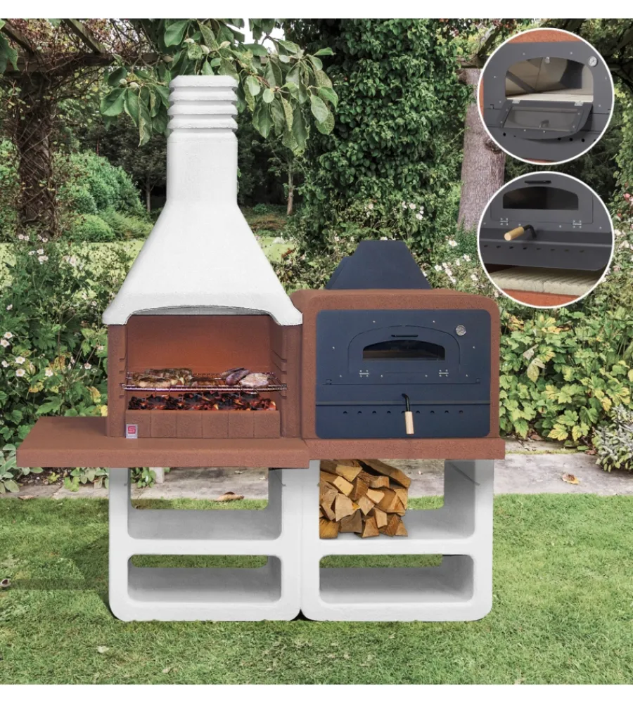 Sarom Fuoco Barbecue|Barbecue a legna o carbonella in cemento "portofino" 194x64x228,5 cm