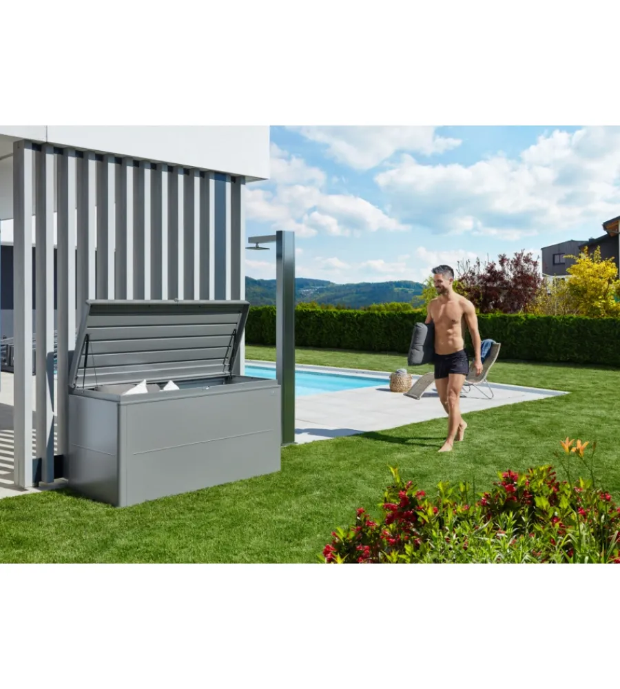 Contenitori Da Esterno-Biohort Baule da esterno impermeabile "loungebox 160" in acciaio zincato grigio quarzo metallizzato 850 lt 160x70x83,5 cm - cod. 68065