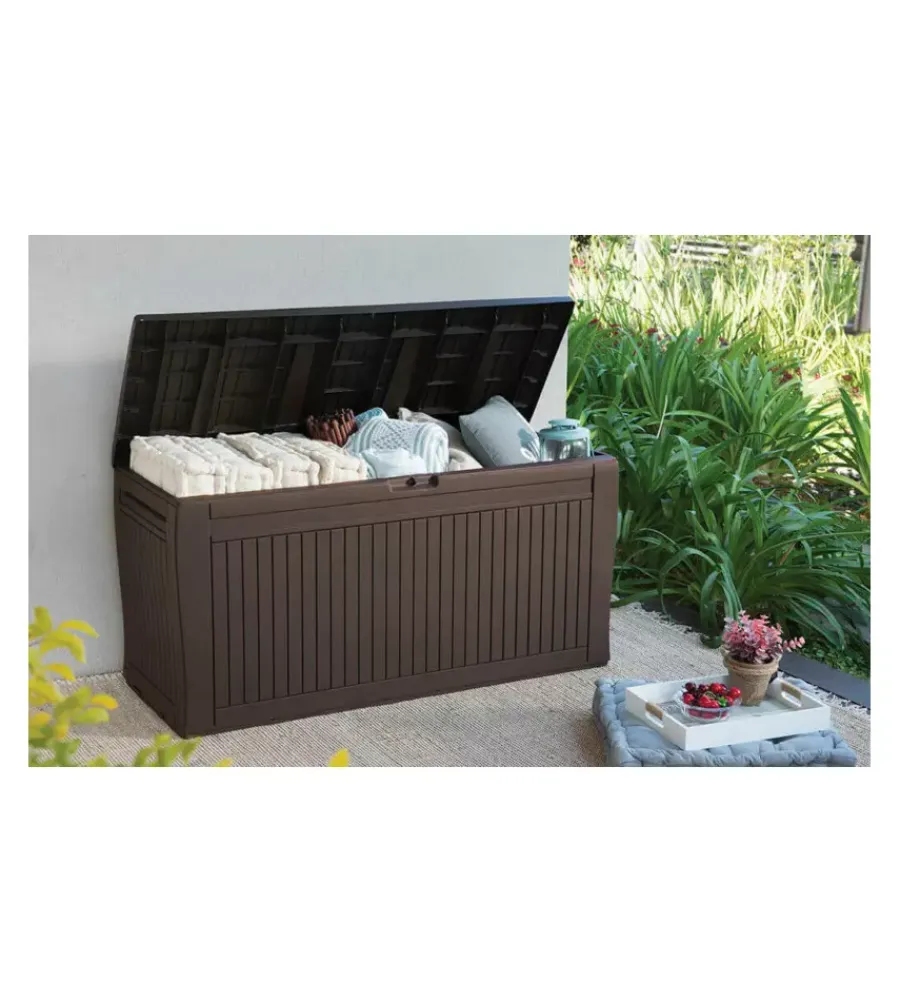 Baule da esterno "comfy" in resina grafite effetto legno 270 lt 116,7x44,7x57 cm Contenitori Da Esterno