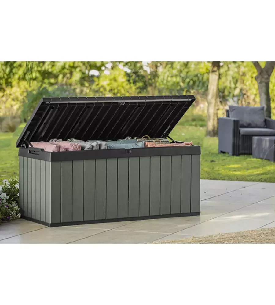 Baule da esterno "darwin 120g" in resina verde effetto legno 454 lt 142,5x65,3x64,3 cm Contenitori Da Esterno