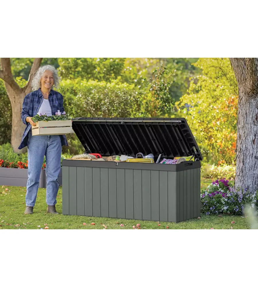 Baule da esterno "darwin 120g" in resina verde effetto legno 454 lt 142,5x65,3x64,3 cm Contenitori Da Esterno