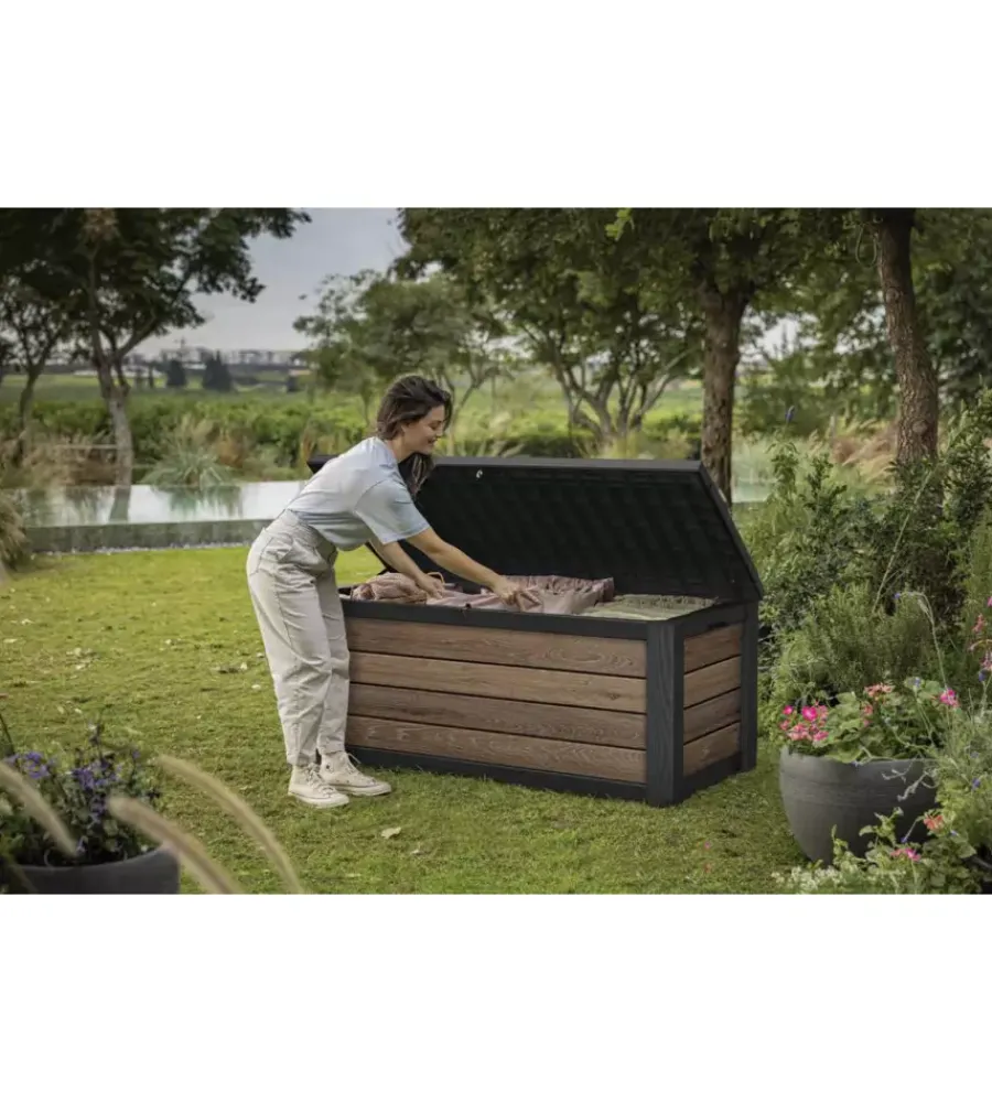 Hot Baule da esterno "deco box 150g" in resina marrone effetto legno 570 lt 151,7x72,5x70 cm Contenitori Da Esterno
