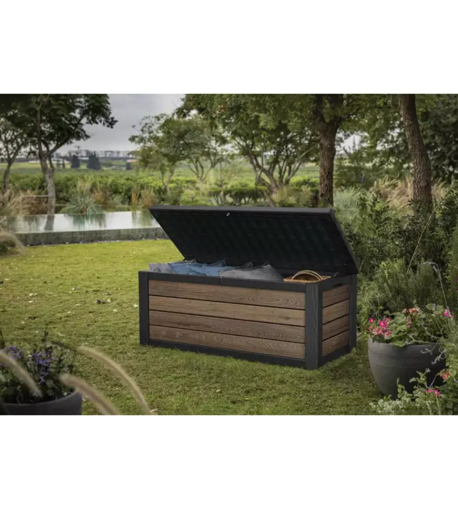 Hot Baule da esterno "deco box 150g" in resina marrone effetto legno 570 lt 151,7x72,5x70 cm Contenitori Da Esterno