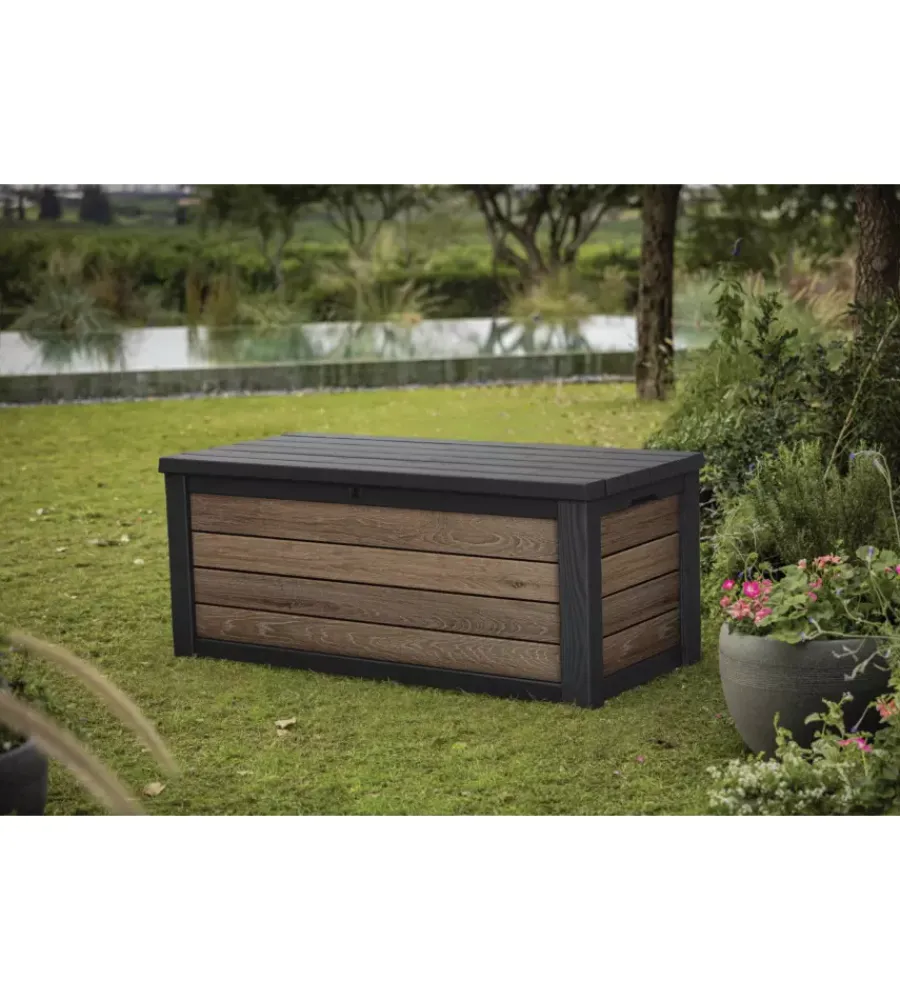 Hot Baule da esterno "deco box 150g" in resina marrone effetto legno 570 lt 151,7x72,5x70 cm Contenitori Da Esterno