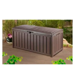 Clearance Baule da esterno "glenwood" in resina marrone effetto legno 390 lt 128x65x61 cm Contenitori Da Esterno