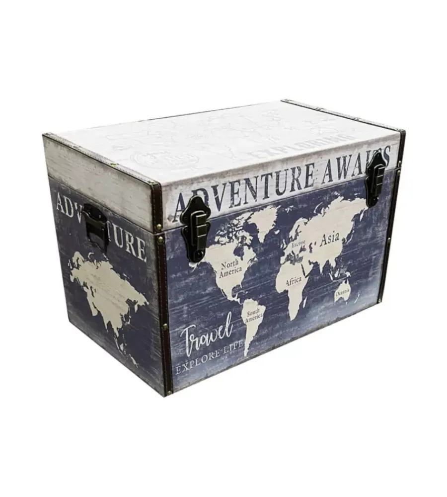 Decorazione Ambienti-BellaHome Baule in legno vintage rivestito in ecopelle fantasia adventure grande 69x40x44 cm