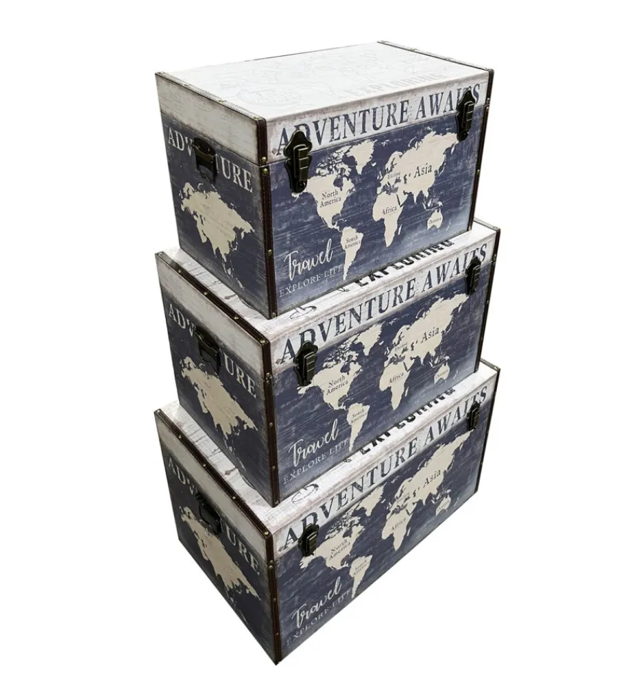 Decorazione Ambienti-BellaHome Baule in legno vintage rivestito in ecopelle fantasia adventure grande 69x40x44 cm