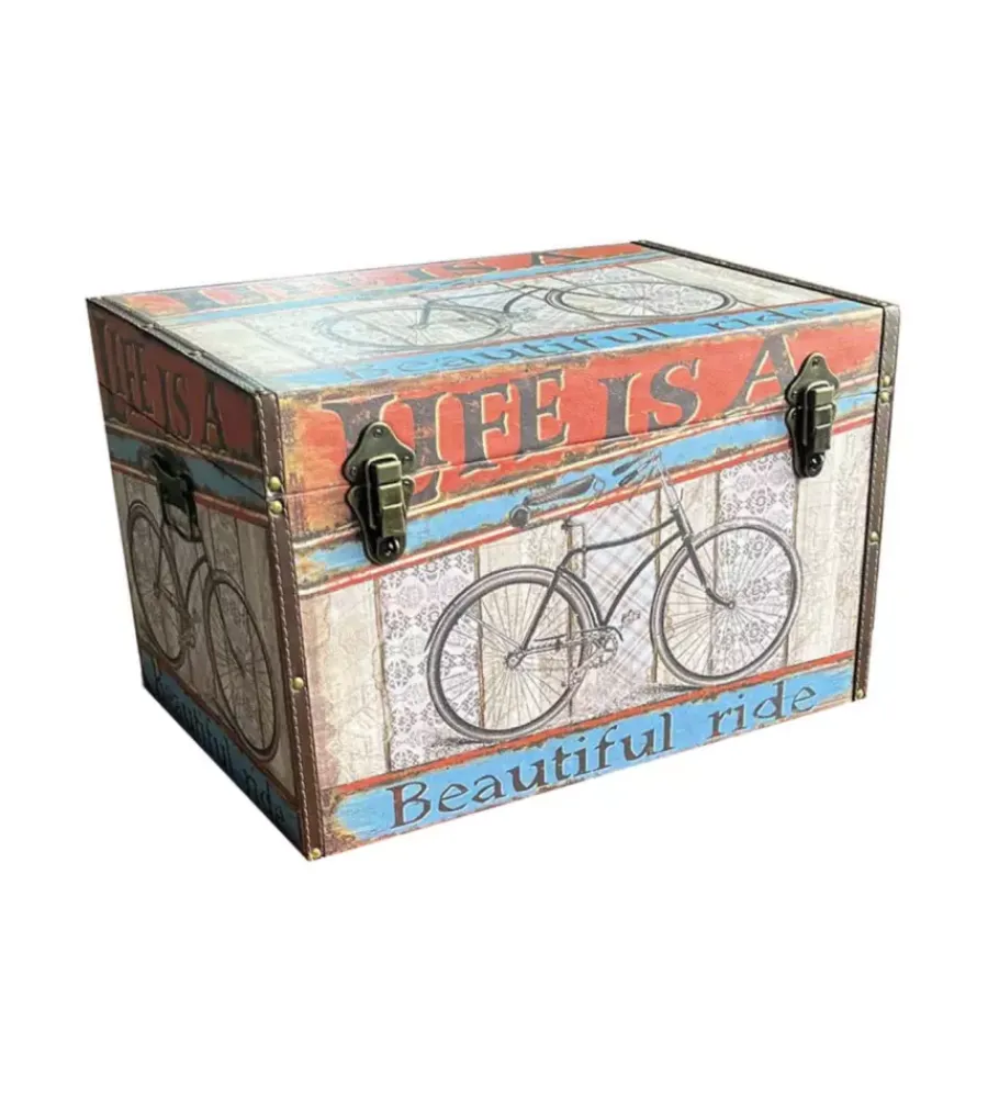 Decorazione Ambienti-BellaHome Baule in legno vintage rivestito in ecopelle fantasia route 66 grande 69x40x44 cm