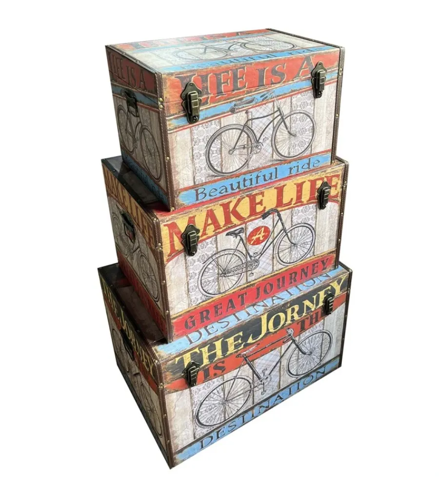 Decorazione Ambienti-BellaHome Baule in legno vintage rivestito in ecopelle fantasia route 66 grande 69x40x44 cm