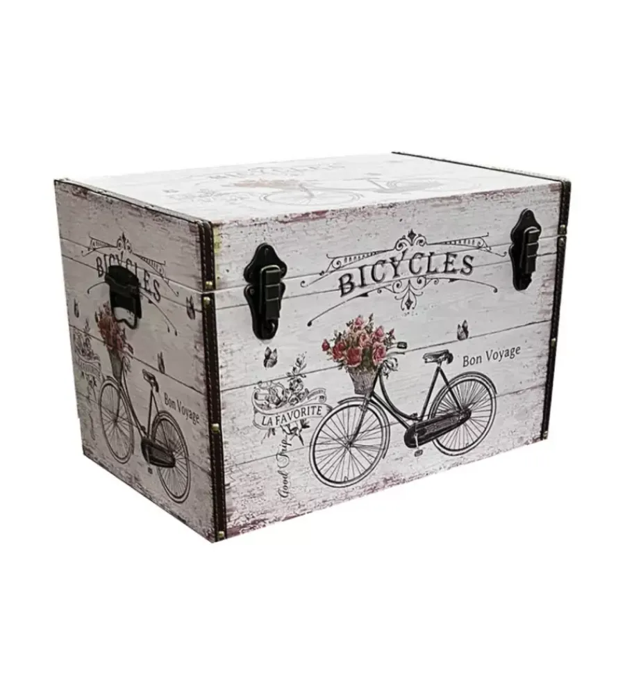 Decorazione Ambienti-BellaHome Baule in legno vintage rivestito in ecopelle fantasia bicycles piccolo 51x29,5x32,5 cm